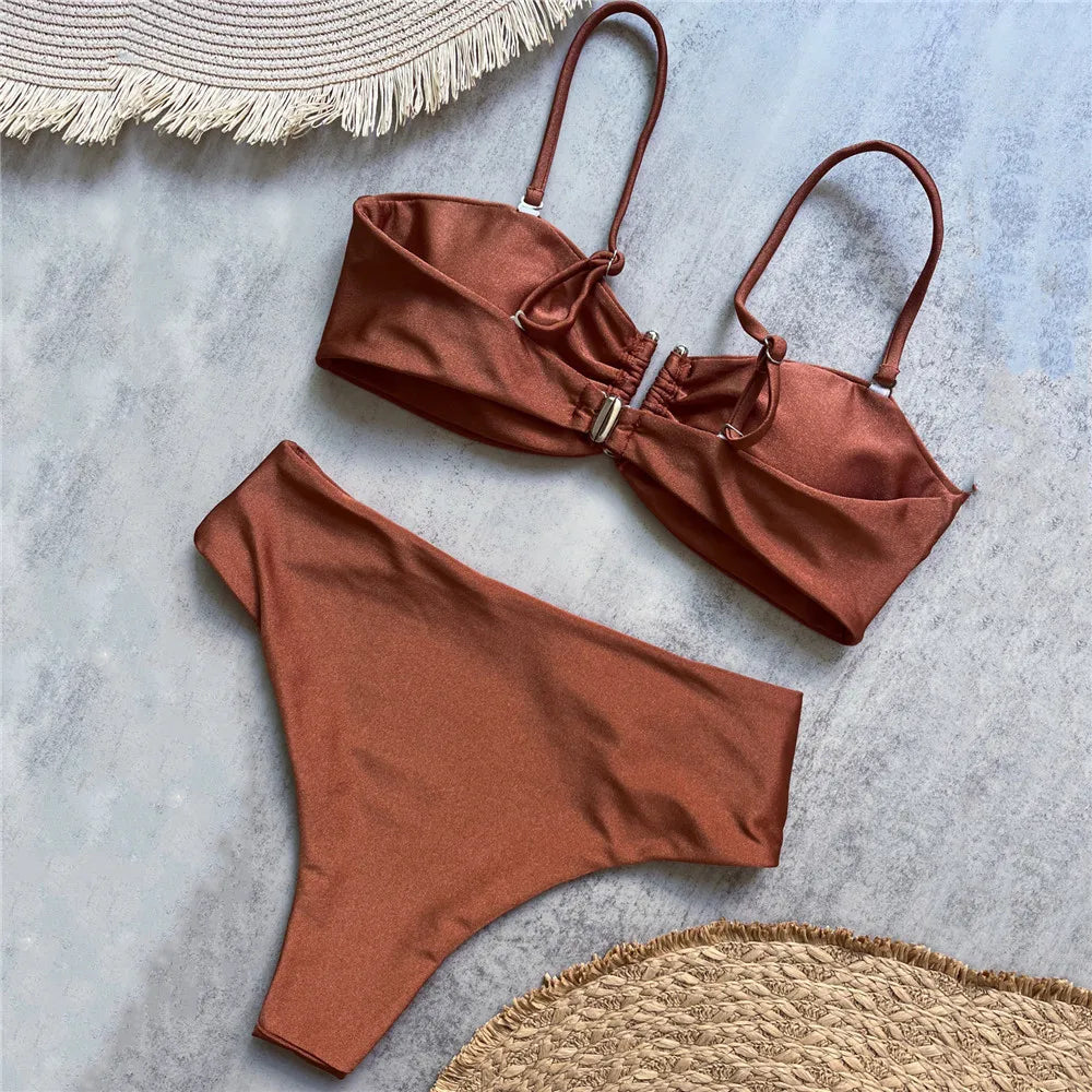 Bandeau High-Waist Bikini Set Women Beach Swimwear