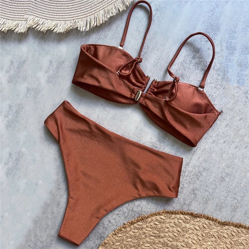 Bandeau High-Waist Bikini Set Women Beach Swimwear