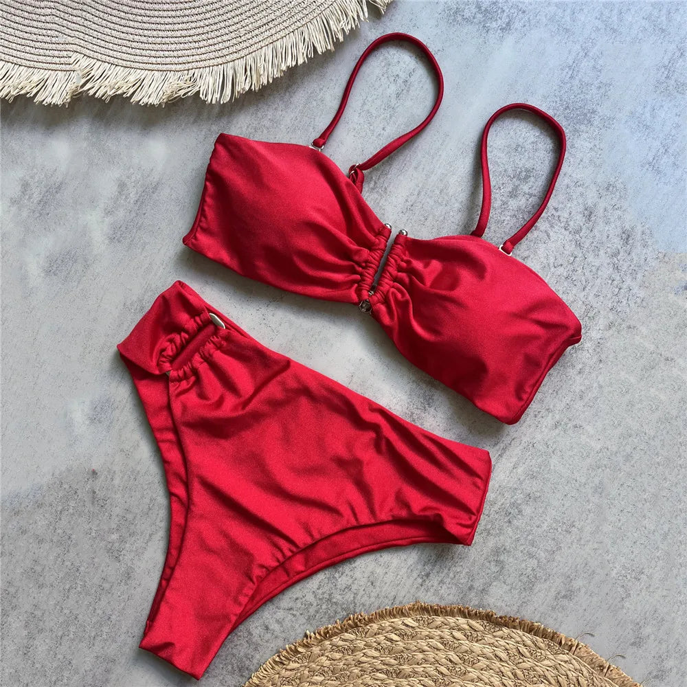 Bandeau High-Waist Bikini Set Women Beach Swimwear