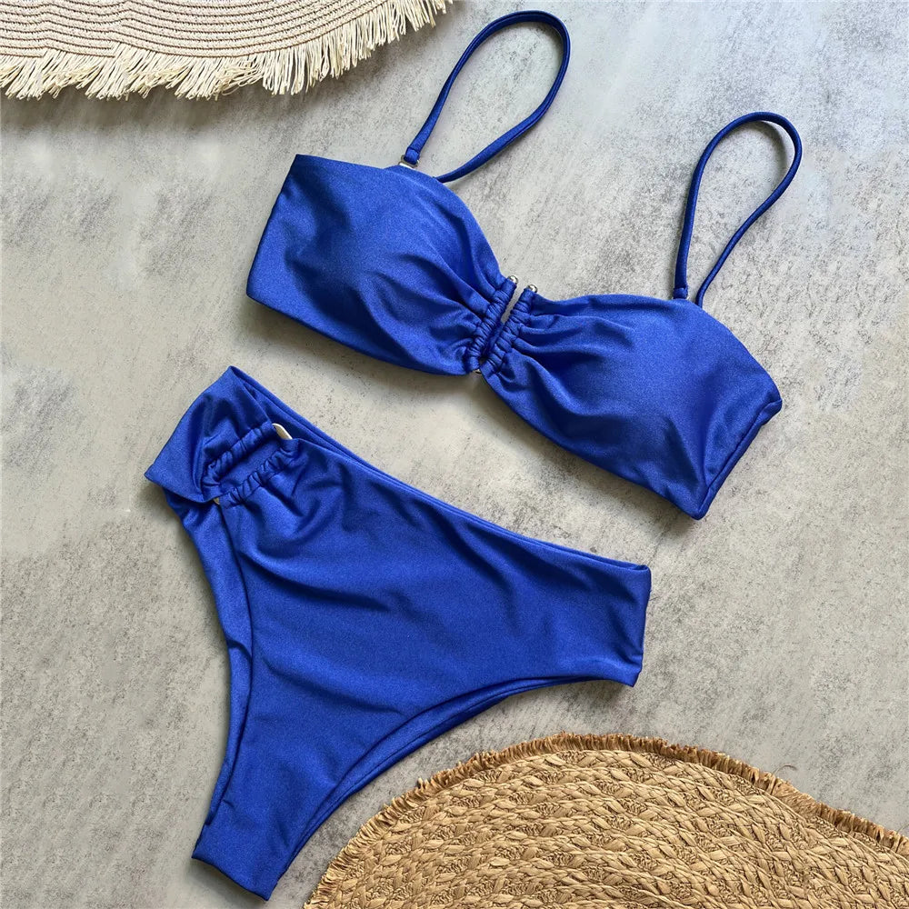 Bandeau High-Waist Bikini Set Women Beach Swimwear