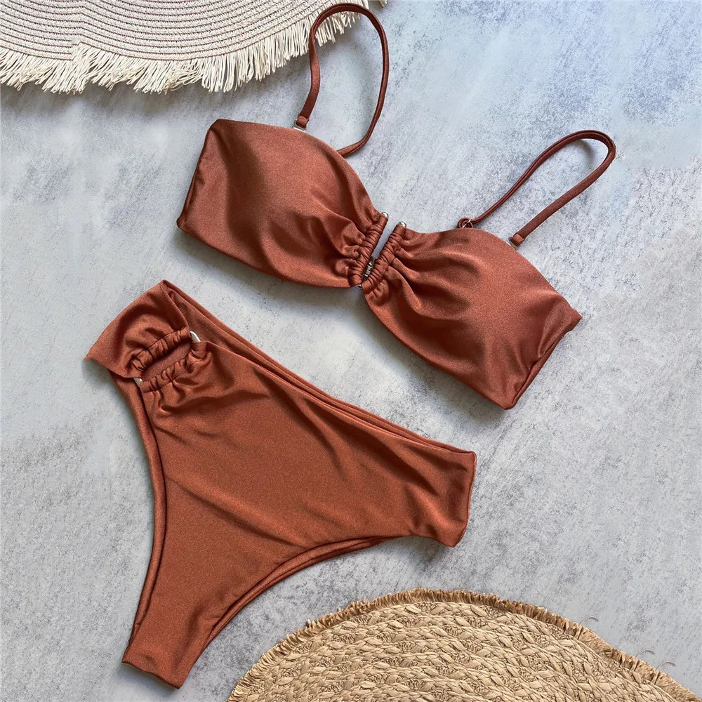 Bandeau High-Waist Bikini Set Women Beach Swimwear