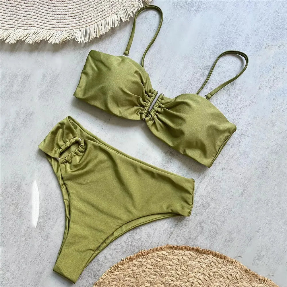 Bandeau High-Waist Bikini Set Women Beach Swimwear